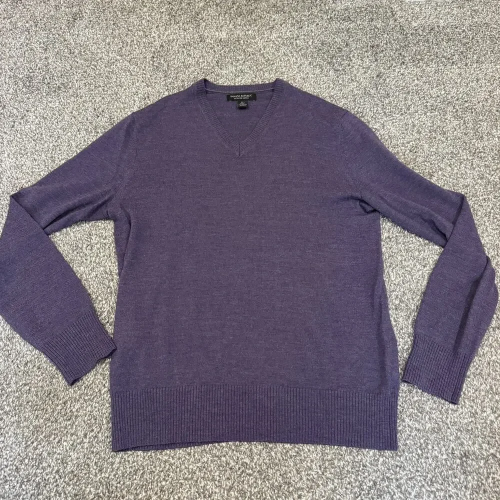 Banana Republic Mens Purple Pullover V-Neck 100% Merino Wool Sweater M Classic